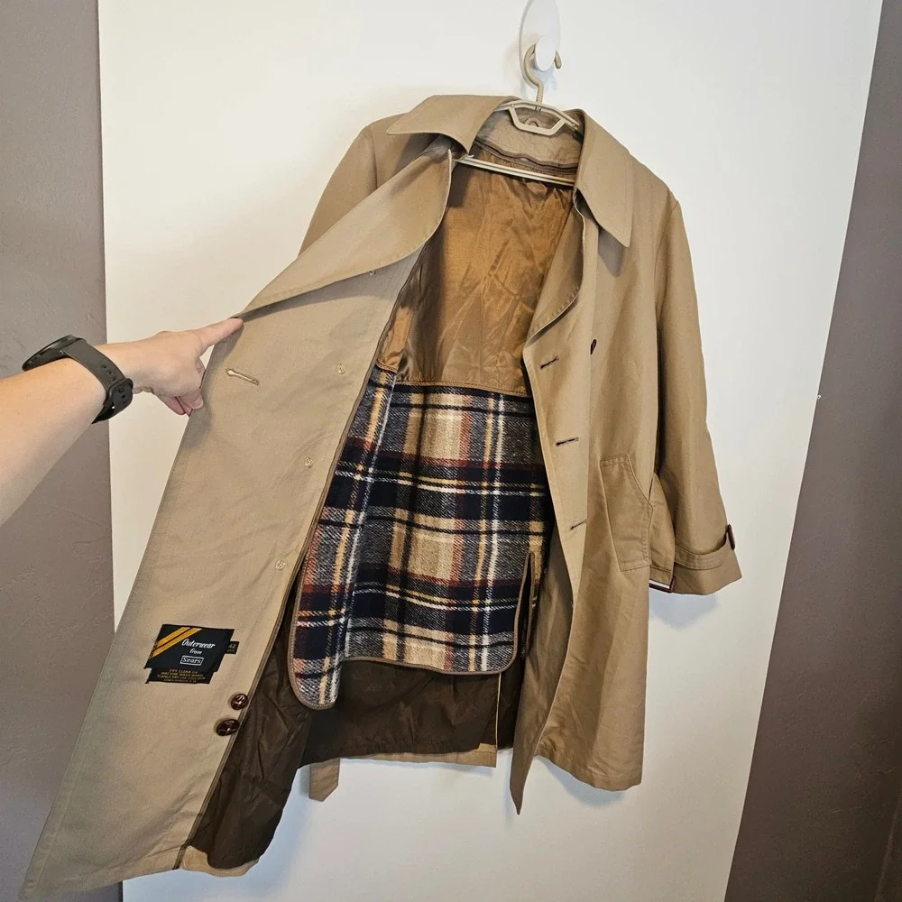 Vintage Sears Double Breasted Trench Coat Belted Mens 42 Beige Tan Detective